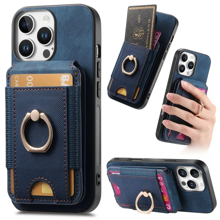 D14 For iPhone 16 Pro Case Vertical Flip Card Holder Ring Holder Kickstand Leather Back Cover