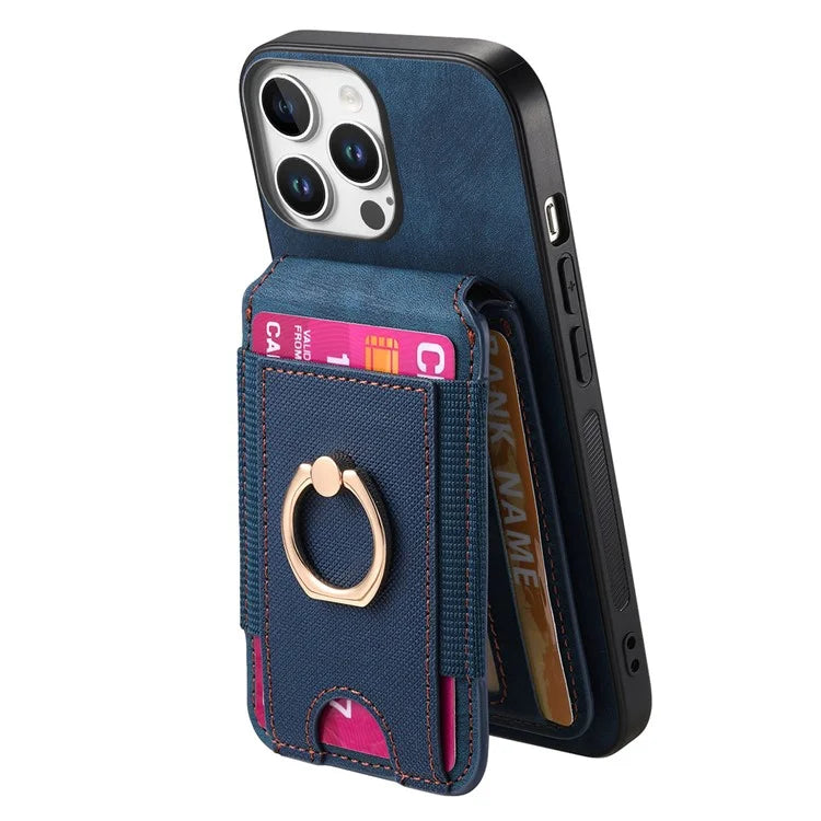 D14 For iPhone 16 Pro Case Vertical Flip Card Holder Ring Holder Kickstand Leather Back Cover