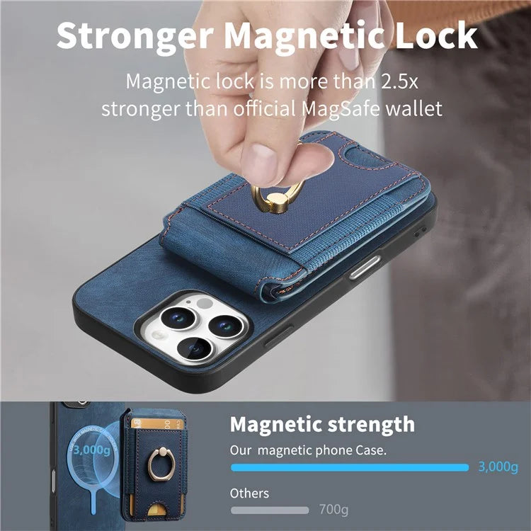 D14 For iPhone 16 Pro Case Vertical Flip Card Holder Ring Holder Kickstand Leather Back Cover