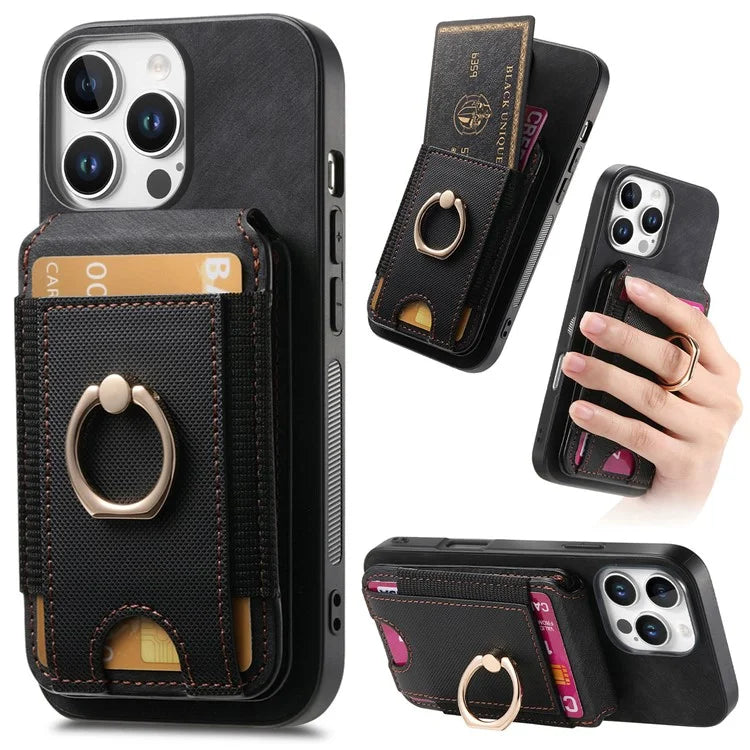D14 For iPhone 16 Pro Case Vertical Flip Card Holder Ring Holder Kickstand Leather Back Cover