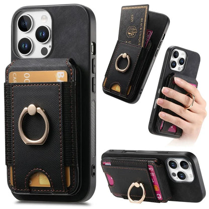 D14 For iPhone 16 Pro Case Vertical Flip Card Holder Ring Holder Kickstand Leather Back Cover