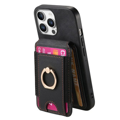D14 For iPhone 16 Pro Case Vertical Flip Card Holder Ring Holder Kickstand Leather Back Cover