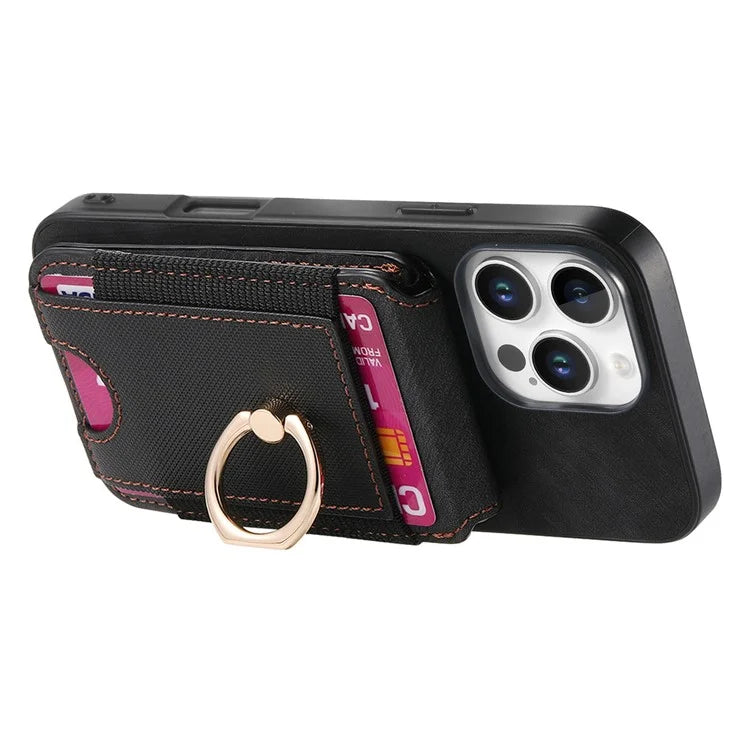 D14 For iPhone 16 Pro Case Vertical Flip Card Holder Ring Holder Kickstand Leather Back Cover