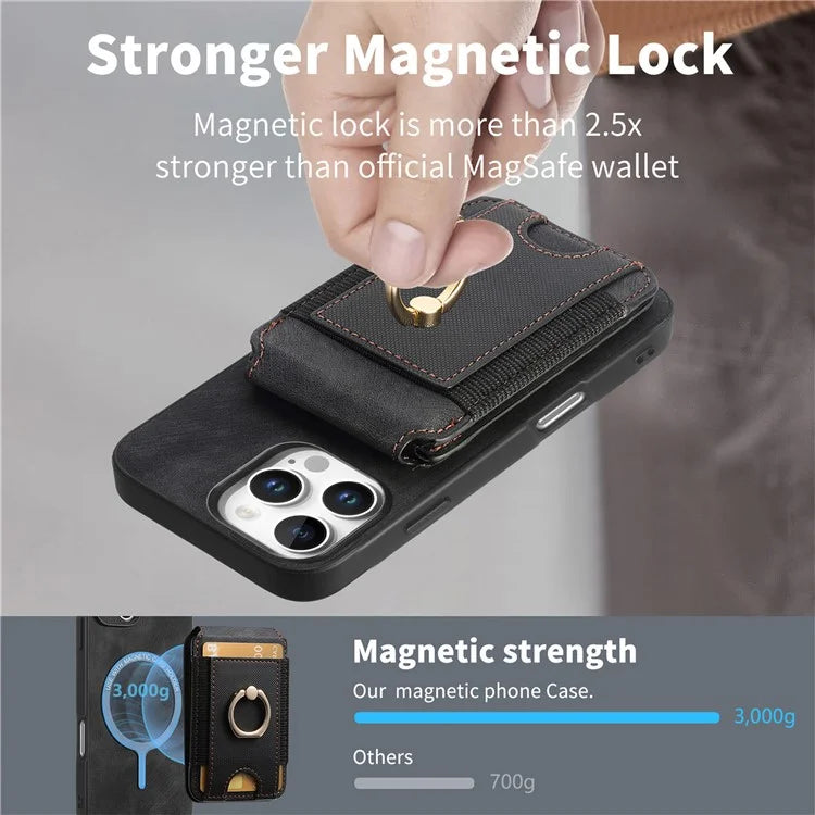 D14 For iPhone 16 Pro Case Vertical Flip Card Holder Ring Holder Kickstand Leather Back Cover