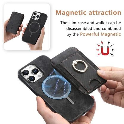 D14 For iPhone 16 Pro Case Vertical Flip Card Holder Ring Holder Kickstand Leather Back Cover