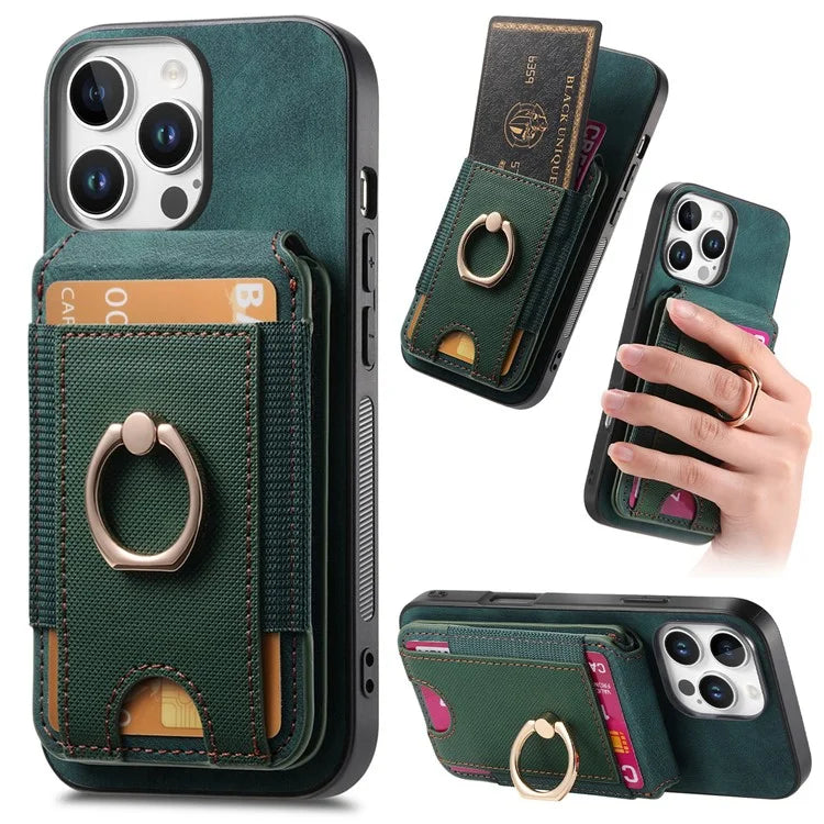 D14 For iPhone 16 Pro Case Vertical Flip Card Holder Ring Holder Kickstand Leather Back Cover