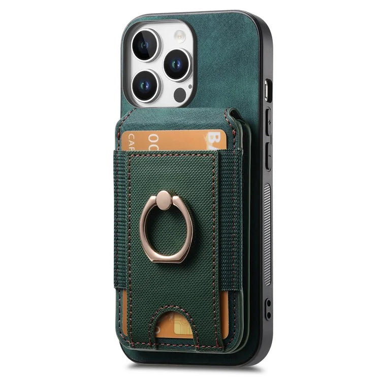 D14 For iPhone 16 Pro Case Vertical Flip Card Holder Ring Holder Kickstand Leather Back Cover