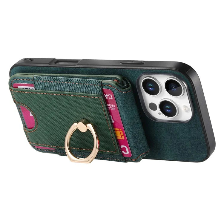 D14 For iPhone 16 Pro Case Vertical Flip Card Holder Ring Holder Kickstand Leather Back Cover