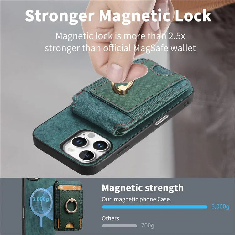 D14 For iPhone 16 Pro Case Vertical Flip Card Holder Ring Holder Kickstand Leather Back Cover