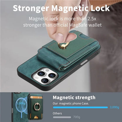 D14 For iPhone 16 Pro Case Vertical Flip Card Holder Ring Holder Kickstand Leather Back Cover