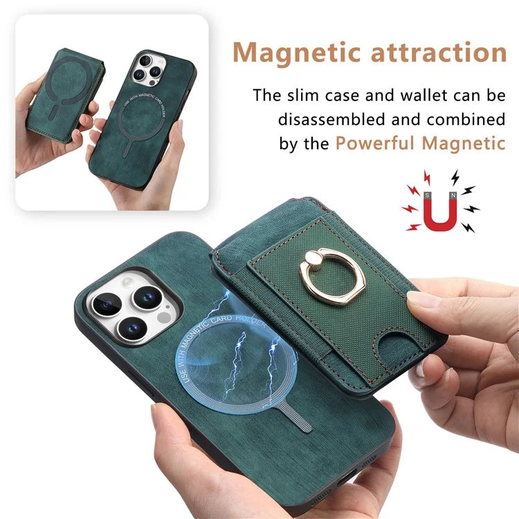 D14 For iPhone 16 Pro Case Vertical Flip Card Holder Ring Holder Kickstand Leather Back Cover