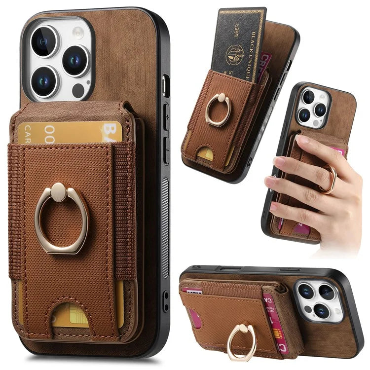 D14 For iPhone 16 Pro Case Vertical Flip Card Holder Ring Holder Kickstand Leather Back Cover