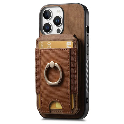 D14 For iPhone 16 Pro Case Vertical Flip Card Holder Ring Holder Kickstand Leather Back Cover