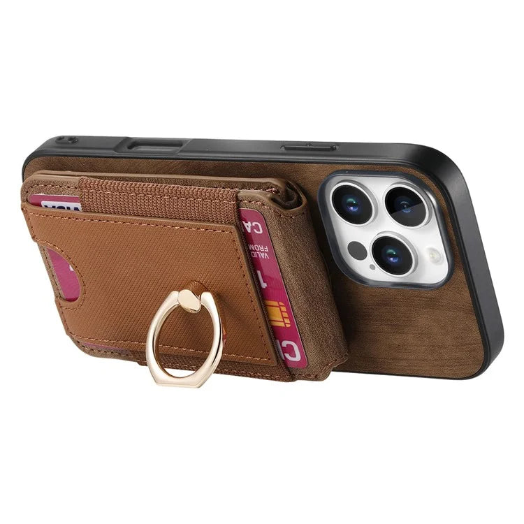 D14 For iPhone 16 Pro Case Vertical Flip Card Holder Ring Holder Kickstand Leather Back Cover