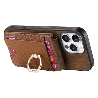 D14 For iPhone 16 Pro Case Vertical Flip Card Holder Ring Holder Kickstand Leather Back Cover