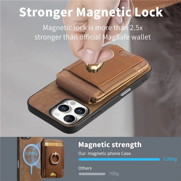 D14 For iPhone 16 Pro Case Vertical Flip Card Holder Ring Holder Kickstand Leather Back Cover