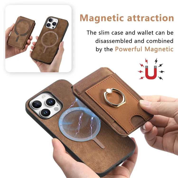 D14 For iPhone 16 Pro Case Vertical Flip Card Holder Ring Holder Kickstand Leather Back Cover
