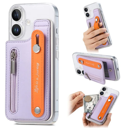 CY2 For iPhone 16 Plus Case Wristband Leather+PC Zipper Pocket Phone Cover RFID Blocking