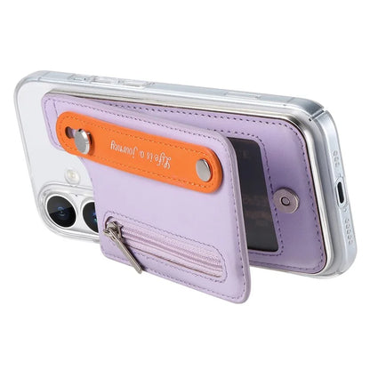 CY2 For iPhone 16 Plus Case Wristband Leather+PC Zipper Pocket Phone Cover RFID Blocking