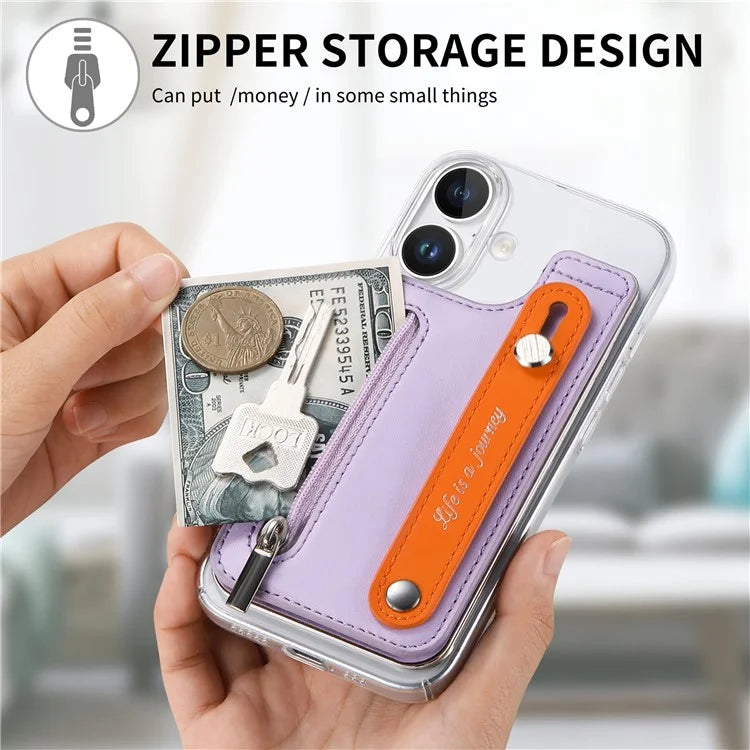 CY2 For iPhone 16 Plus Case Wristband Leather+PC Zipper Pocket Phone Cover RFID Blocking