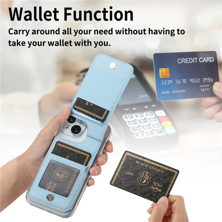 CY2 For iPhone 16 Plus Case Wristband Leather+PC Zipper Pocket Phone Cover RFID Blocking
