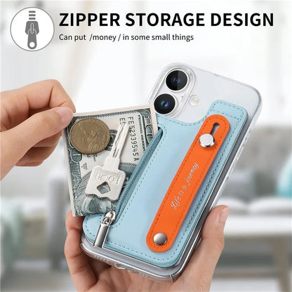 CY2 For iPhone 16 Plus Case Wristband Leather+PC Zipper Pocket Phone Cover RFID Blocking
