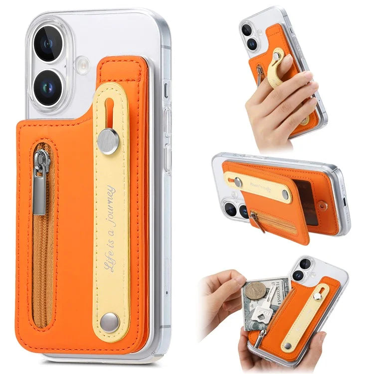 CY2 For iPhone 16 Plus Case Wristband Leather+PC Zipper Pocket Phone Cover RFID Blocking