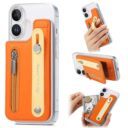 CY2 For iPhone 16 Plus Case Wristband Leather+PC Zipper Pocket Phone Cover RFID Blocking