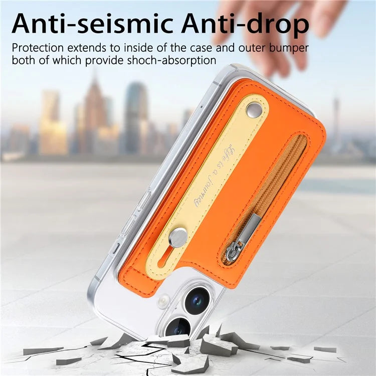 CY2 For iPhone 16 Plus Case Wristband Leather+PC Zipper Pocket Phone Cover RFID Blocking