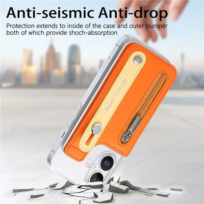 CY2 For iPhone 16 Plus Case Wristband Leather+PC Zipper Pocket Phone Cover RFID Blocking
