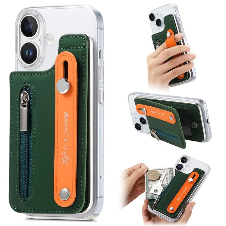 CY2 For iPhone 16 Plus Case Wristband Leather+PC Zipper Pocket Phone Cover RFID Blocking