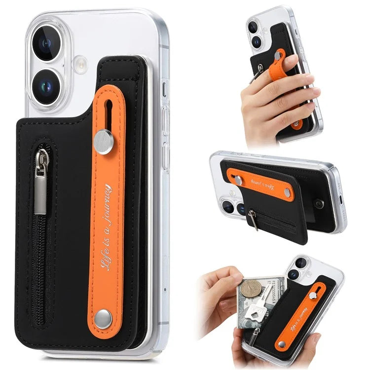 CY2 For iPhone 16 Plus Case Wristband Leather+PC Zipper Pocket Phone Cover RFID Blocking