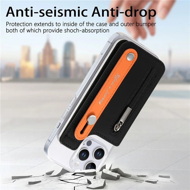 CY2 For iPhone 16 Pro Case Wristband Leather+PC Zipper Pocket Phone Cover RFID Blocking
