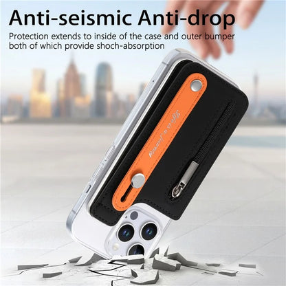 CY2 For iPhone 16 Pro Case Wristband Leather+PC Zipper Pocket Phone Cover RFID Blocking