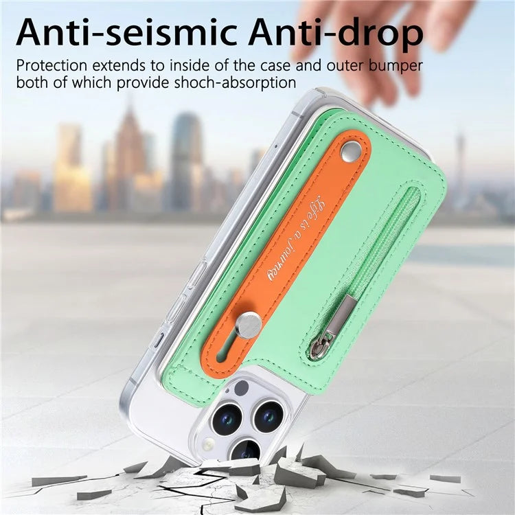 CY2 For iPhone 16 Pro Case Wristband Leather+PC Zipper Pocket Phone Cover RFID Blocking