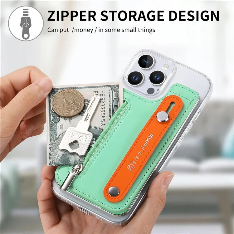 CY2 For iPhone 16 Pro Case Wristband Leather+PC Zipper Pocket Phone Cover RFID Blocking