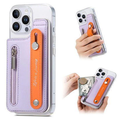 CY2 For iPhone 16 Pro Case Wristband Leather+PC Zipper Pocket Phone Cover RFID Blocking