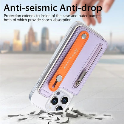 CY2 For iPhone 16 Pro Case Wristband Leather+PC Zipper Pocket Phone Cover RFID Blocking