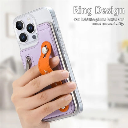 CY2 For iPhone 16 Pro Case Wristband Leather+PC Zipper Pocket Phone Cover RFID Blocking