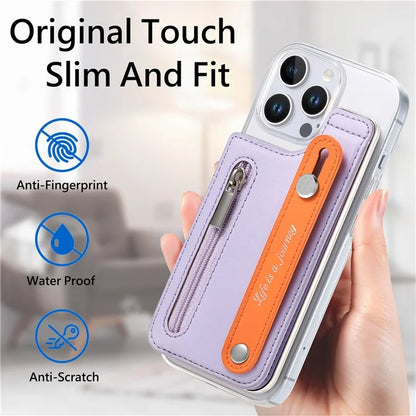 CY2 For iPhone 16 Pro Case Wristband Leather+PC Zipper Pocket Phone Cover RFID Blocking