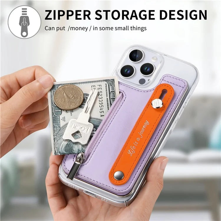 CY2 For iPhone 16 Pro Case Wristband Leather+PC Zipper Pocket Phone Cover RFID Blocking