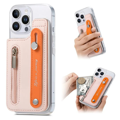 CY2 For iPhone 16 Pro Case Wristband Leather+PC Zipper Pocket Phone Cover RFID Blocking