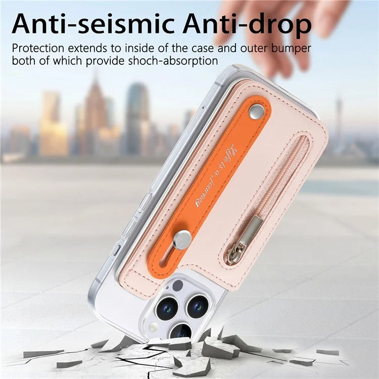 CY2 For iPhone 16 Pro Case Wristband Leather+PC Zipper Pocket Phone Cover RFID Blocking