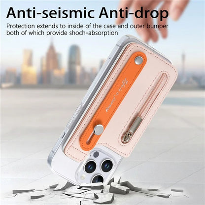 CY2 For iPhone 16 Pro Case Wristband Leather+PC Zipper Pocket Phone Cover RFID Blocking