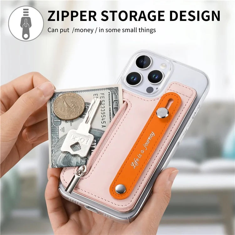 CY2 For iPhone 16 Pro Case Wristband Leather+PC Zipper Pocket Phone Cover RFID Blocking
