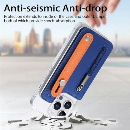 CY2 For iPhone 16 Pro Case Wristband Leather+PC Zipper Pocket Phone Cover RFID Blocking