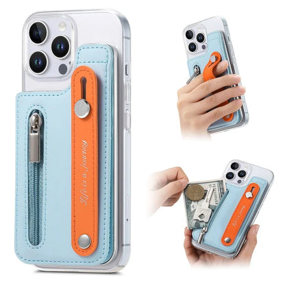 CY2 For iPhone 16 Pro Case Wristband Leather+PC Zipper Pocket Phone Cover RFID Blocking