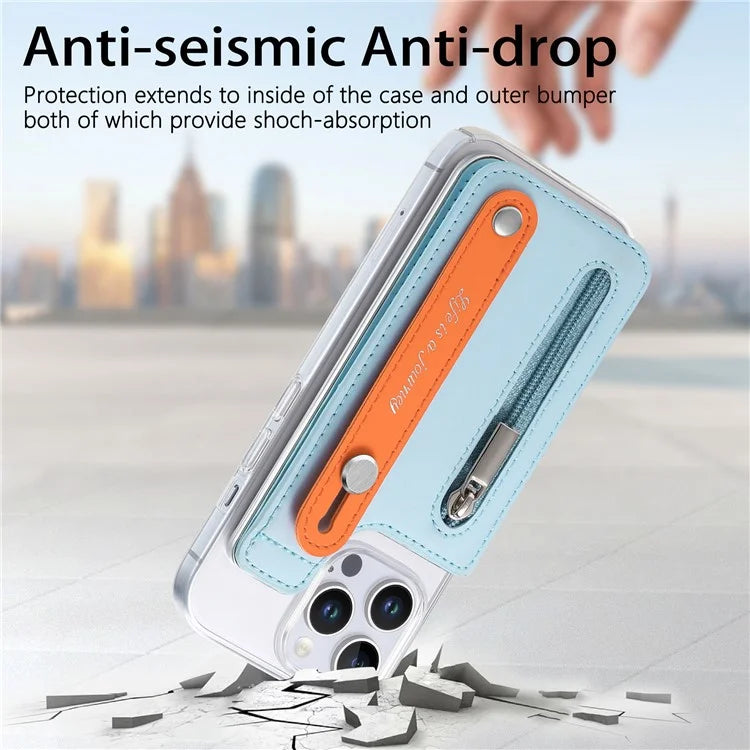 CY2 For iPhone 16 Pro Case Wristband Leather+PC Zipper Pocket Phone Cover RFID Blocking