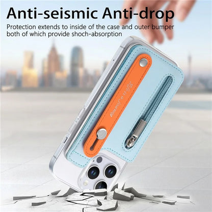 CY2 For iPhone 16 Pro Case Wristband Leather+PC Zipper Pocket Phone Cover RFID Blocking