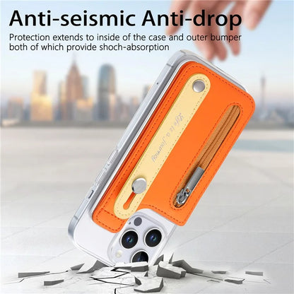 CY2 For iPhone 16 Pro Case Wristband Leather+PC Zipper Pocket Phone Cover RFID Blocking